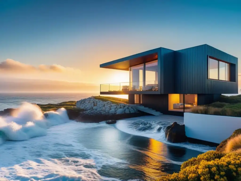 Casa costera ecoeficiente: diseño moderno frente al mar Vista detallada de casa costera moderna con innovaciones en aislamiento térmico frente al mar