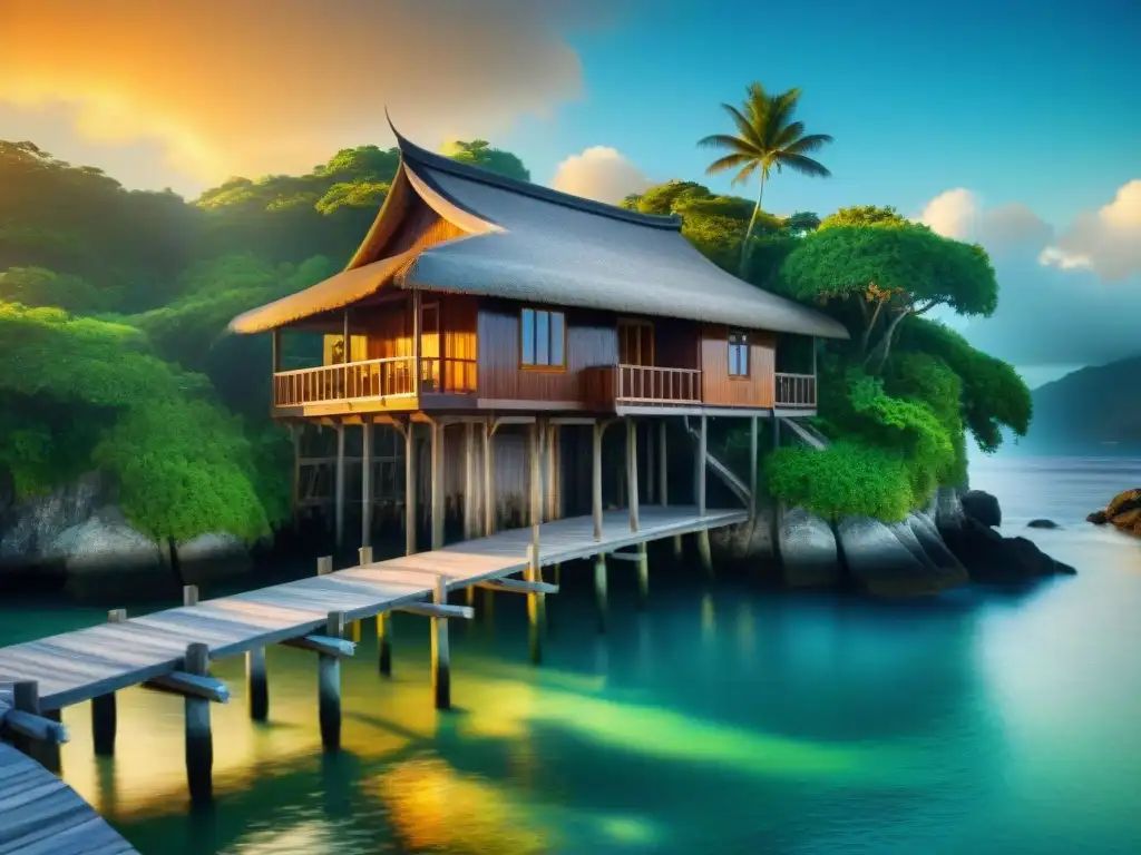 Casa palafito: armonía tropical sobre aguas cristalinas Vista detallada de una casa estilo palafito sobre aguas cristalinas, rodeada de plantas tropicales