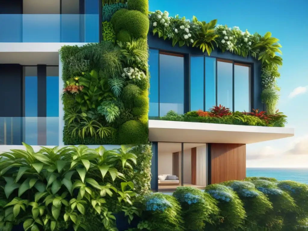 Residencia costera con jardines verticales: integración perfecta Vista detallada de una casa moderna en la playa con jardines verticales, integrando naturaleza y arquitectura