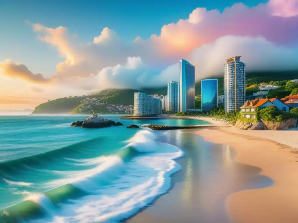 Finanzas costeras: inversión y vida junto al mar Vista detallada de ciudad costera con finanzas inmobiliarias y tendencias de propiedades costeras