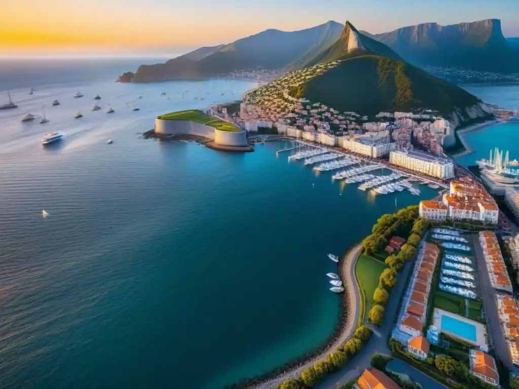 Atardecer dorado en ciudad costera: potencial inmobiliario frente al mar 'Vista detallada de una ciudad costera bulliciosa con edificios altos y un animado frente marítimo al atardecer