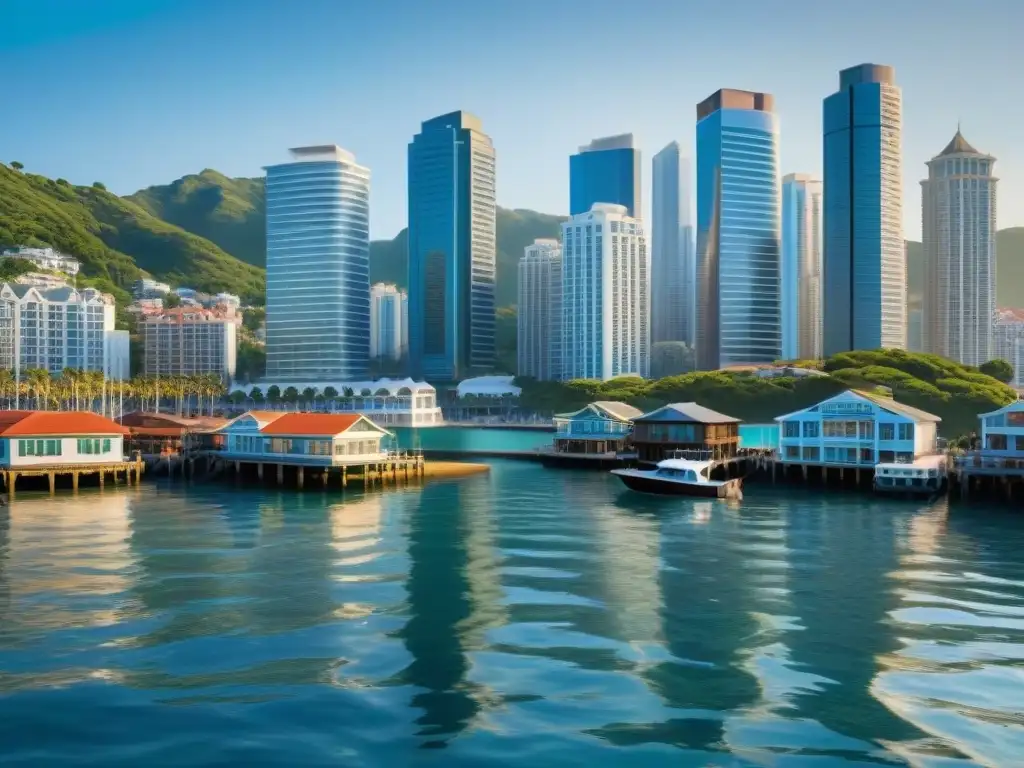 Horizonte costero: lujo y tradición en ciudad vibrante Vista detallada de una ciudad costera bulliciosa, reflejando modernidad y tradición frente al mar