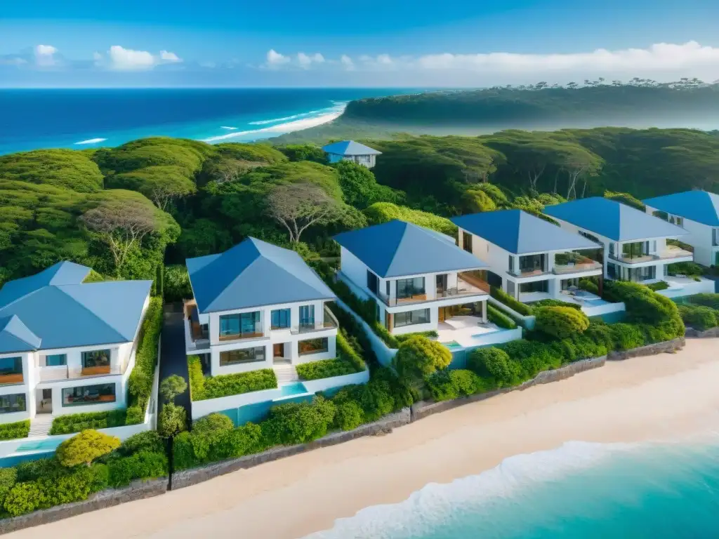 Desarrollo costero de lujo: armonía entre naturaleza y arquitectura Vista detallada de desarrollo inmobiliario costero y la influencia de la legislación ambiental en propiedades costeras