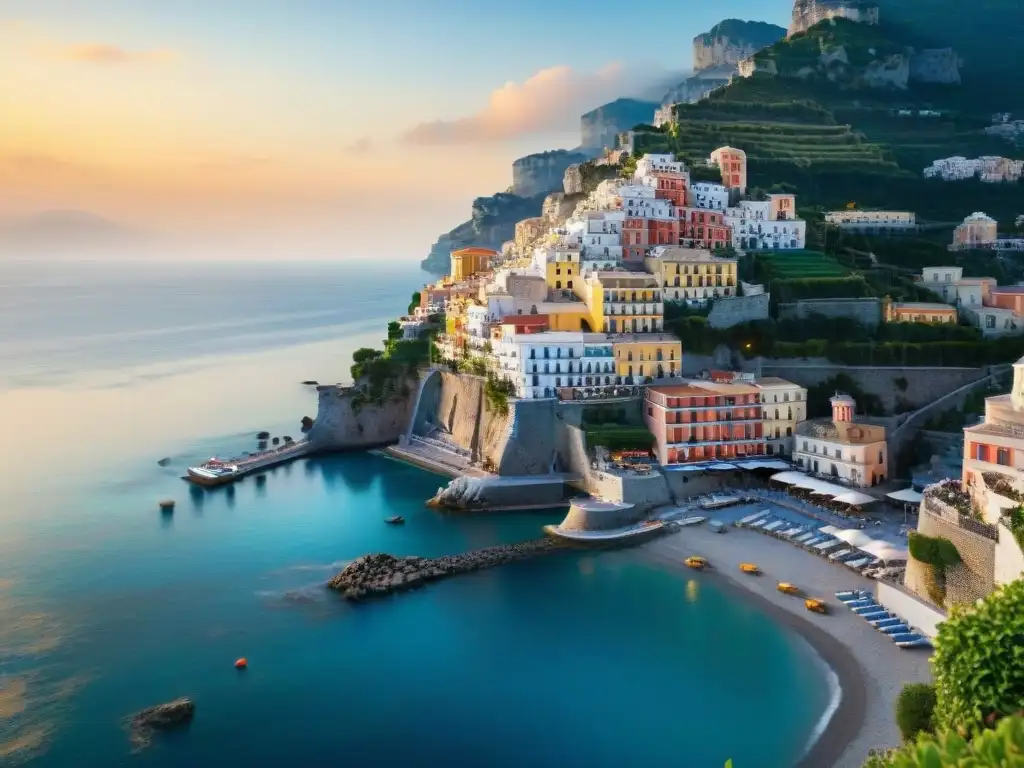 Paisaje mágico de la Costa Amalfitana al atardecer Vista detallada de las escarpadas costas de la Costa Amalfitana al atardecer, donde las propiedades costeras se funden con la tradición y modernidad