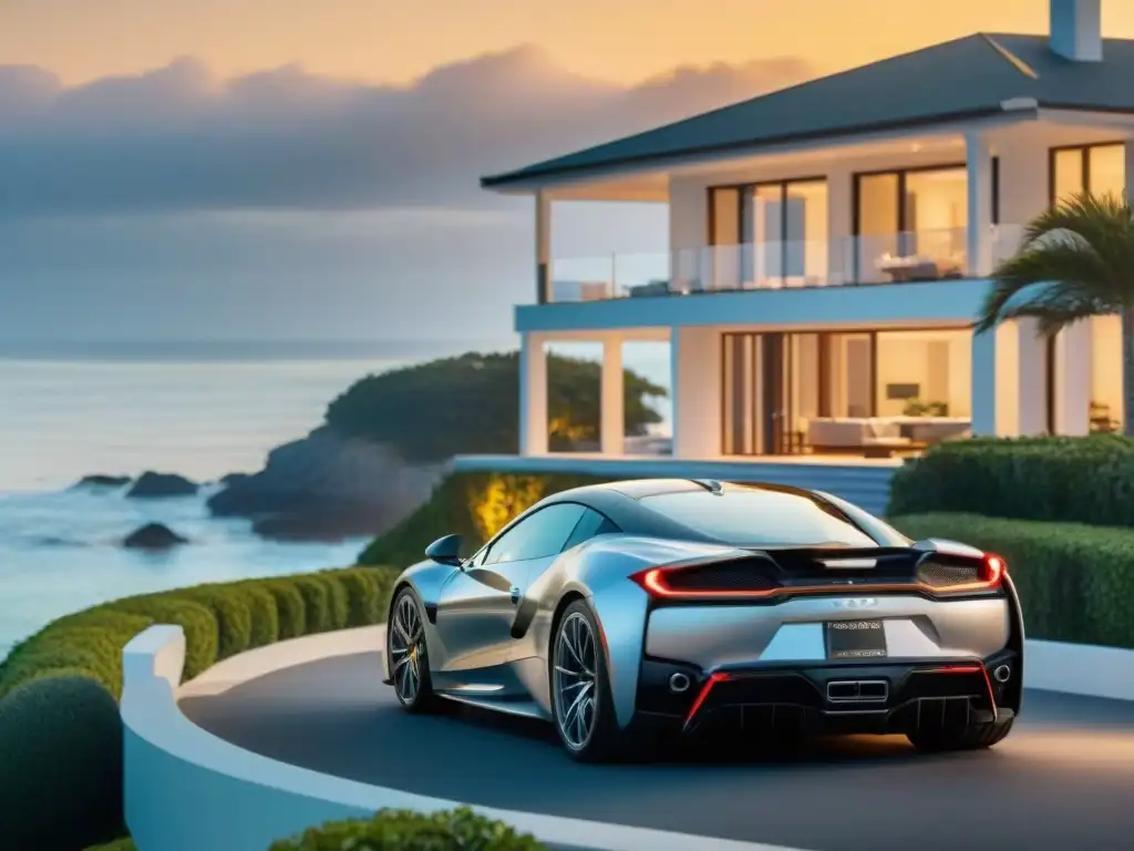 Residencia de lujo en la costa al atardecer: exclusividad y opulencia Vista detallada de una lujosa mansión costera al atardecer, con un auto deportivo y la necesidad de pólizas de seguro para propiedades costeras