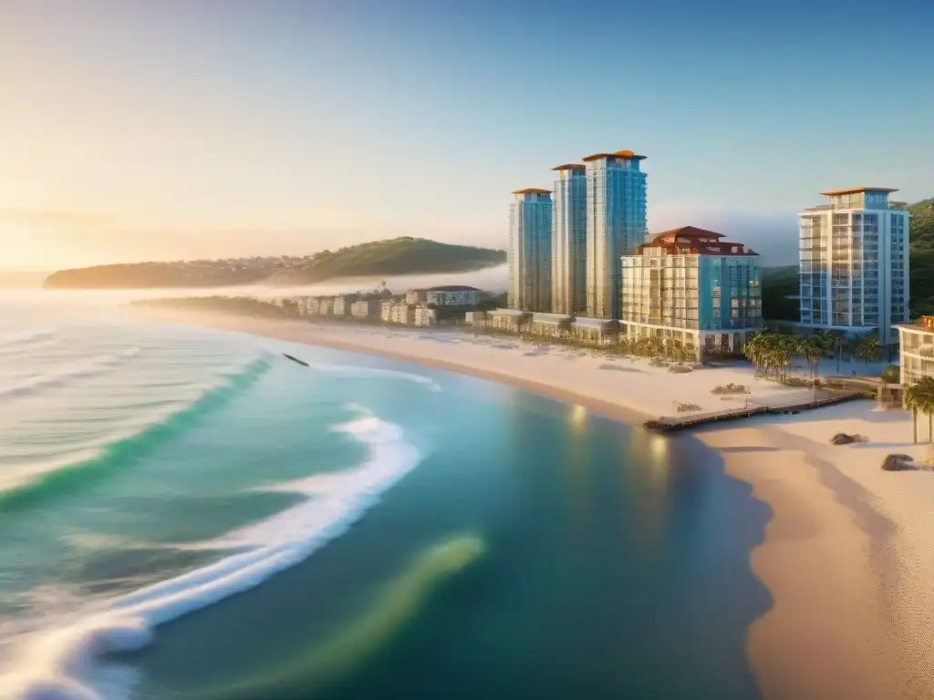 Escena costera: Inversores y proyectos inmobiliarios crowdfunded en acción Vista detallada de un paseo costero con proyectos inmobiliarios financiados por crowdfunding en la costa