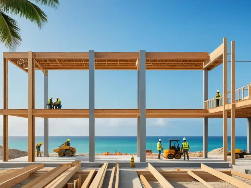 Construcción de casa playera: obra maestra en la costa Vista detallada de un sitio de construcción costero con trabajadores supervisando la edificación de una casa moderna frente al mar