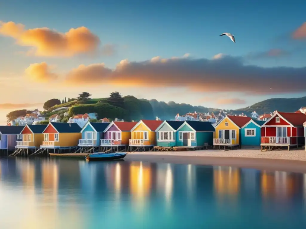 Pintoresco atardecer sobre pueblo costero Vista dorada del atardecer en un pueblo costero con casas coloridas y detalles arquitectónicos, transmitiendo serenidad