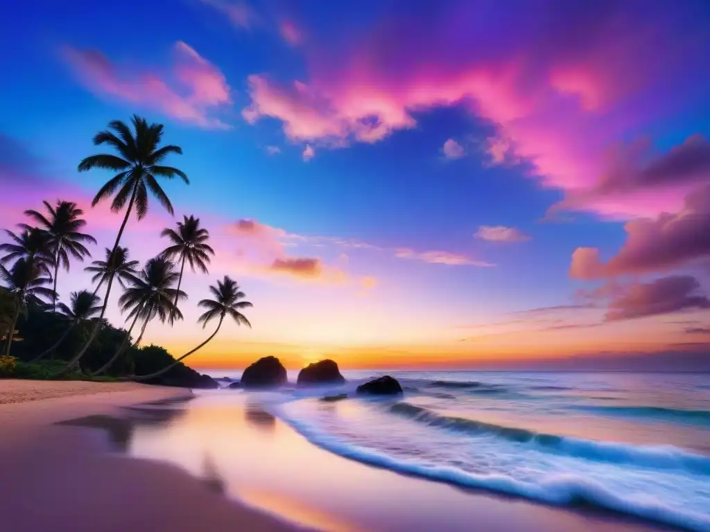 Puesta de sol en playa paradisíaca: paisaje sereno y colorido Vista espectacular de atardecer en playa tranquila con palmeras y velero al fondo
