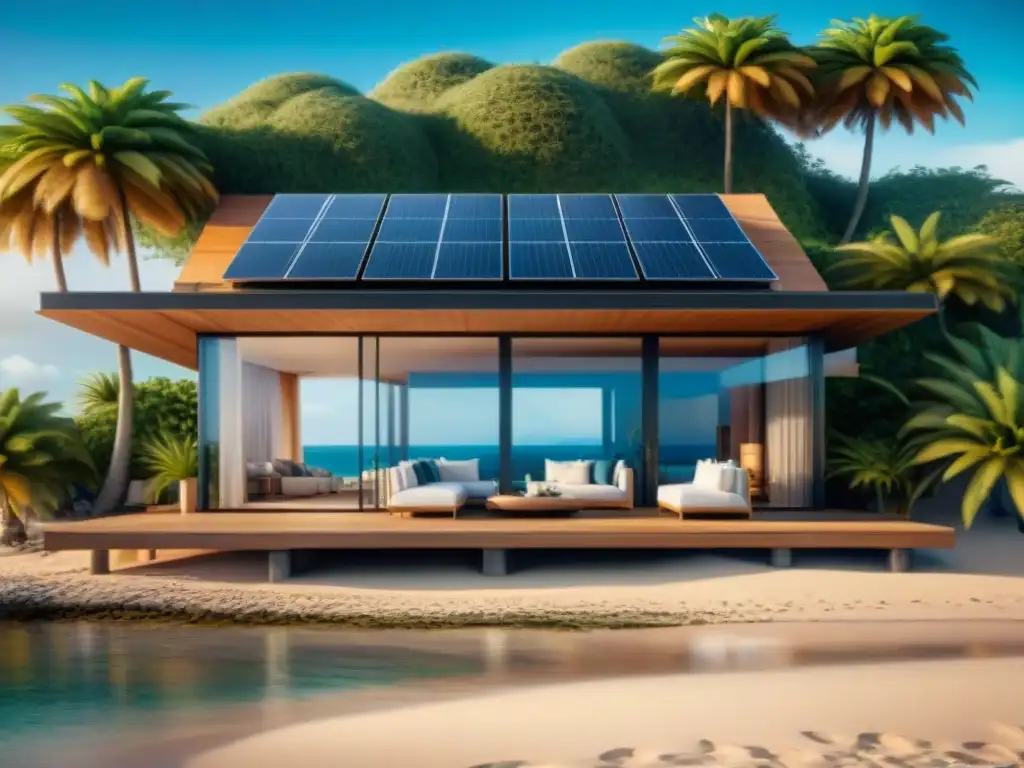 Casa eco-sostenible de lujo frente al mar con vista panorámica Vista espectacular de casa ecológica frente al mar con mejores sistemas calefacción casas mar, rodeada de palmeras y lujo sostenible