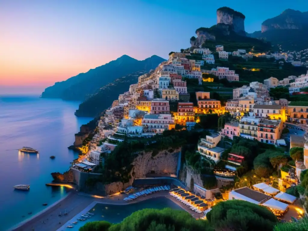 Puesta de sol en Positano: lujo y exclusividad en la costa amalfitana Vista exclusiva del atardecer en Positano con hoteles boutique y costa mediterránea