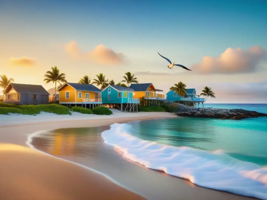 Paraíso costero al amanecer: hogar de tranquilidad y belleza natural Vista idílica de comunidad costera al amanecer con casas coloridas, palmeras y pescadores, ideal para retirados