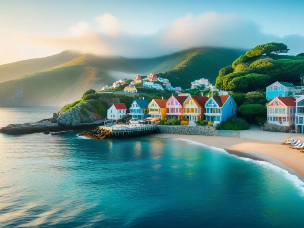 Vida costera: casas coloridas junto al mar Vista idílica de pueblo costero con casas coloridas en la orilla, cielo azul y mar sereno