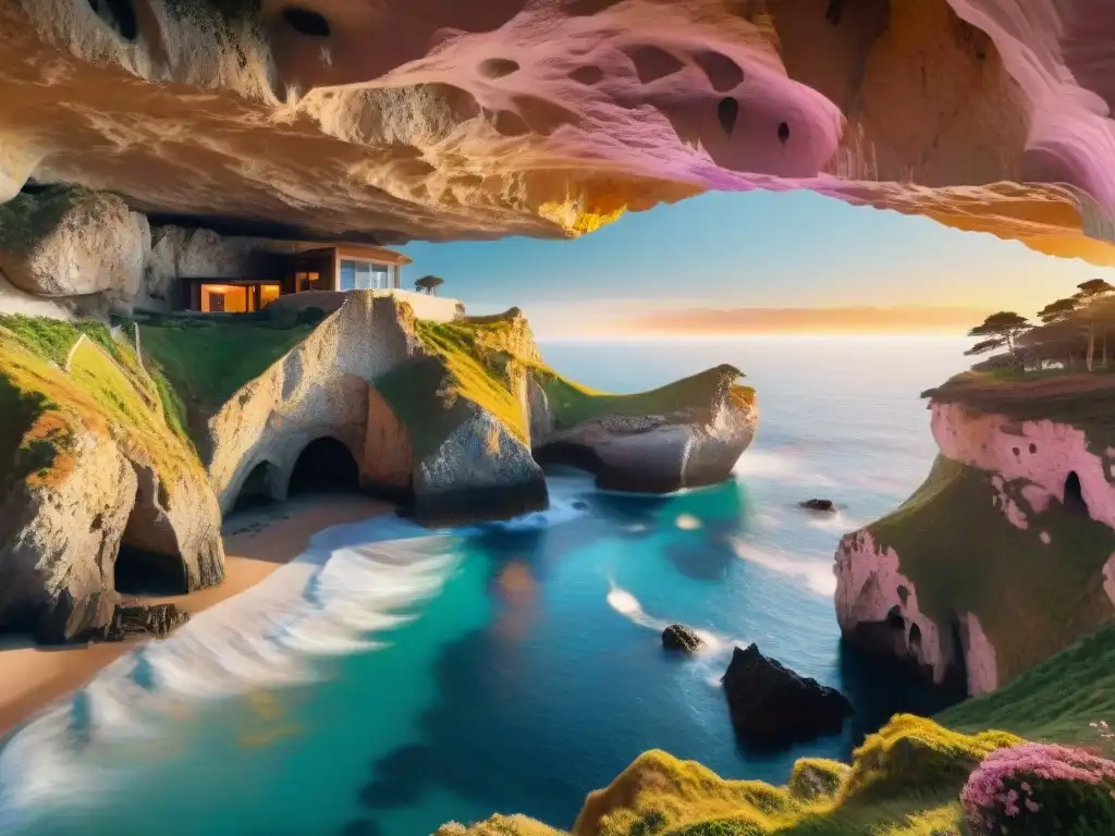 Espectacular casa cueva costera al atardecer Vista impresionante de una casa cueva costera de lujo al atardecer, integrando diseño moderno con la naturaleza, rodeada de acantilados y olas suaves