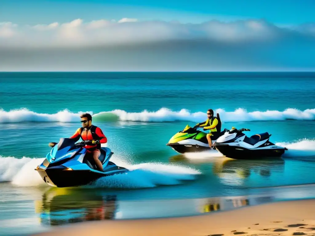 Variedad de motos acuáticas en la playa: paraísos de adrenalina Una vista impresionante de motos acuáticas en aguas costeras, con variedad y emoción