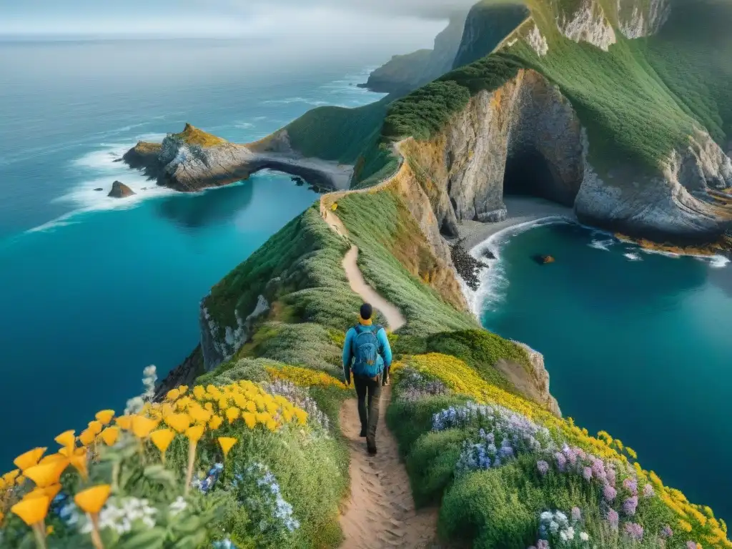 Sendero costero: majestuosos acantilados y mar infinito Una vista impresionante de una ruta de senderismo costero, serpenteando entre acantilados majestuosos y el mar azul