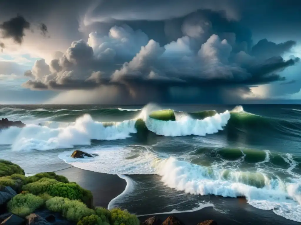 Tormenta amenazante impacta ecosistema costero Vista impresionante de una tormenta poderosa acercándose a un ecosistema costero, con nubes oscuras y amenazadoras sobre una costa escarpada