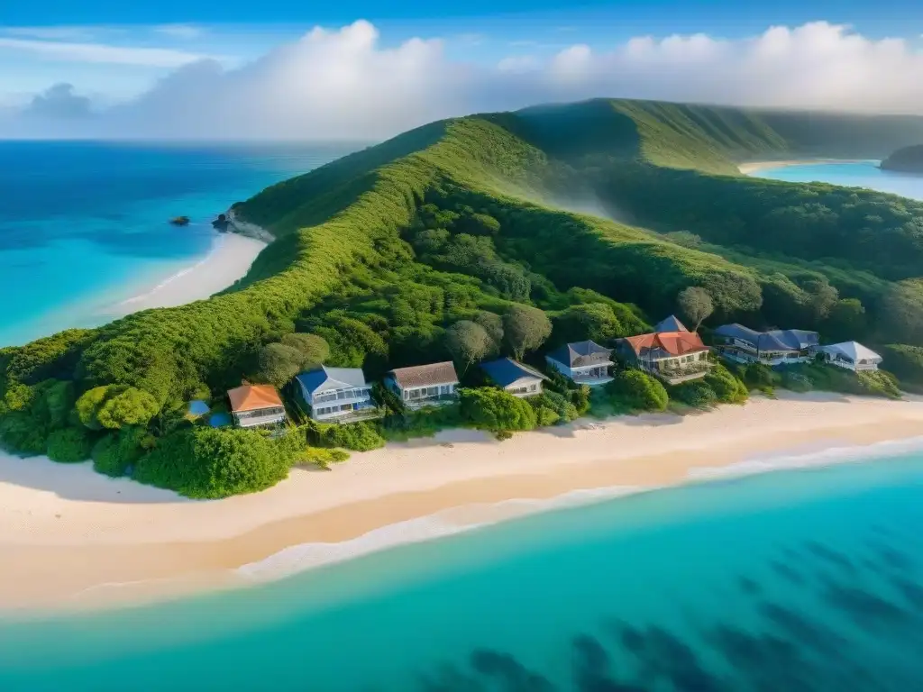 Costa serena: aguas cristalinas, arena dorada y naturaleza exuberante Vista impresionante de la vida costera con propiedades marítimas en playa dorada y aguas azules