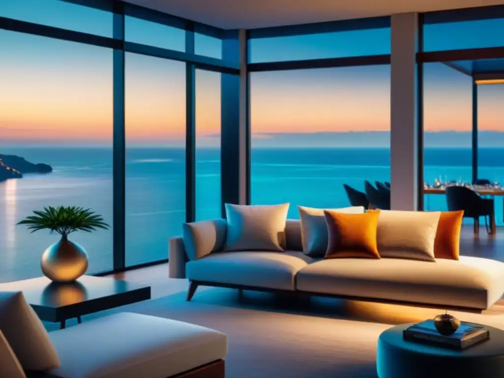 Salón moderno de lujo con vista al mar al atardecer Vista de un lujoso salón moderno en una casa inteligente con diseño de interiores de lujo, mirando al mar al atardecer