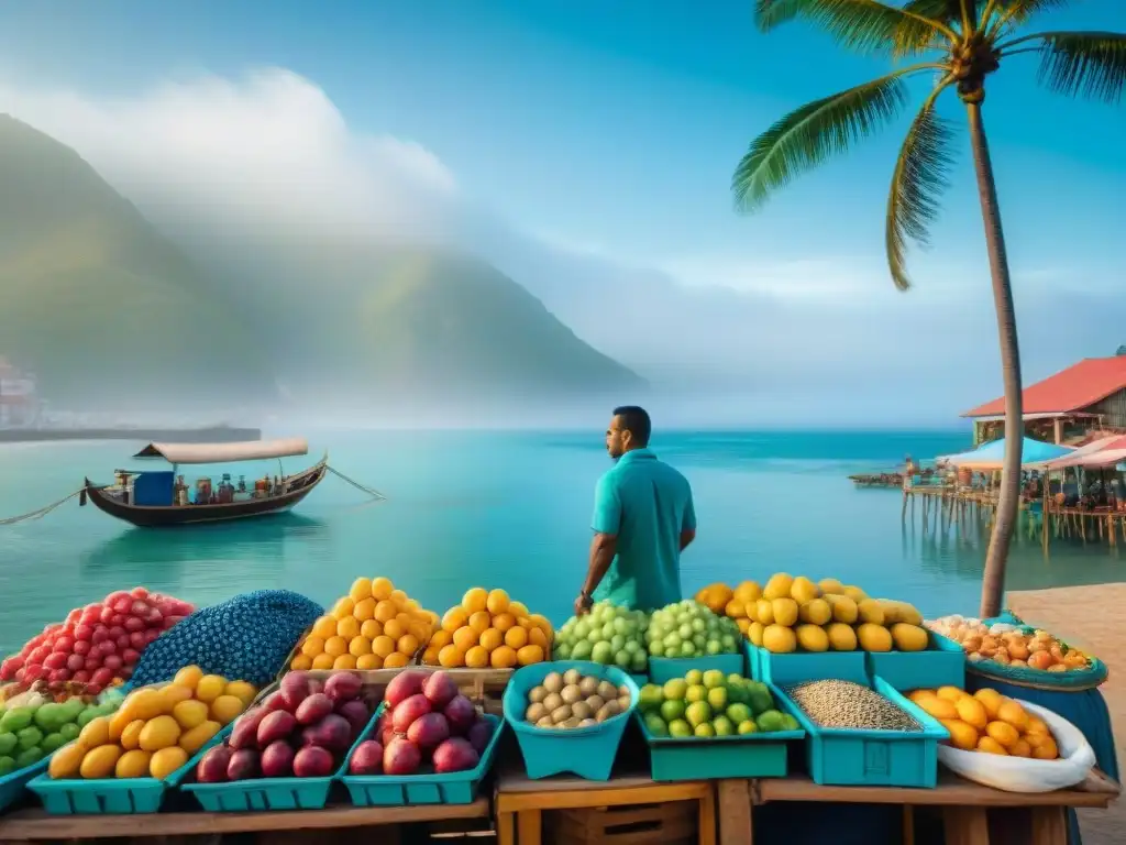 Mercado costero: escena vibrante y colorida con productos locales Vista de mercado costero emergente con vendedores locales y productos coloridos