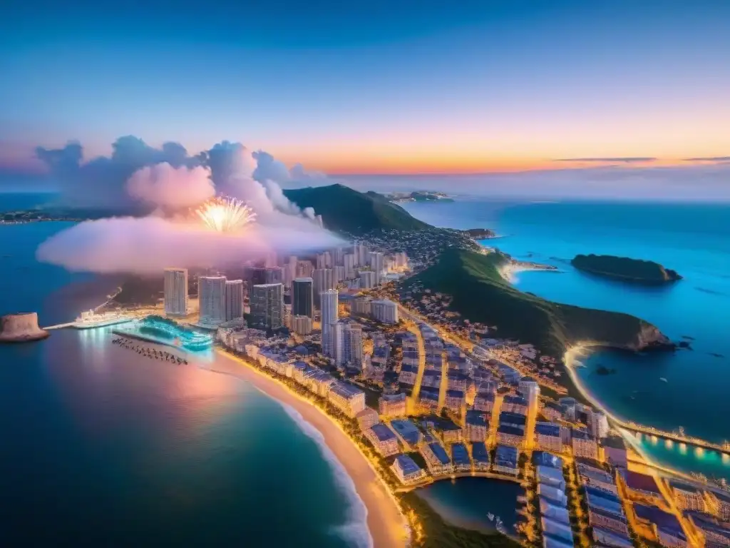 Espectacular costa iluminada por fuegos artificiales en Nochevieja Vista nocturna de las mejores celebraciones de Año Nuevo costa, con ciudades iluminadas y fuegos artificiales reflejados en el mar