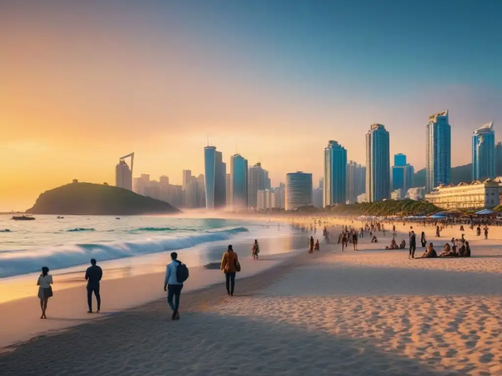 Horizonte costero al atardecer: inversión inmobiliaria vibrante Vista panorámica de una bulliciosa ciudad costera al atardecer con modernos rascacielos y arquitectura tradicional