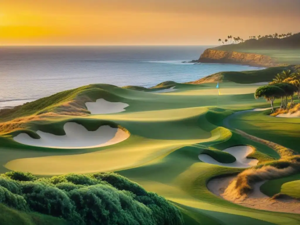 Atardecer de lujo en campo de golf costero Vista panorámica de campos de golf con vistas al mar al atardecer, donde la naturaleza y el lujo se funden en armonía
