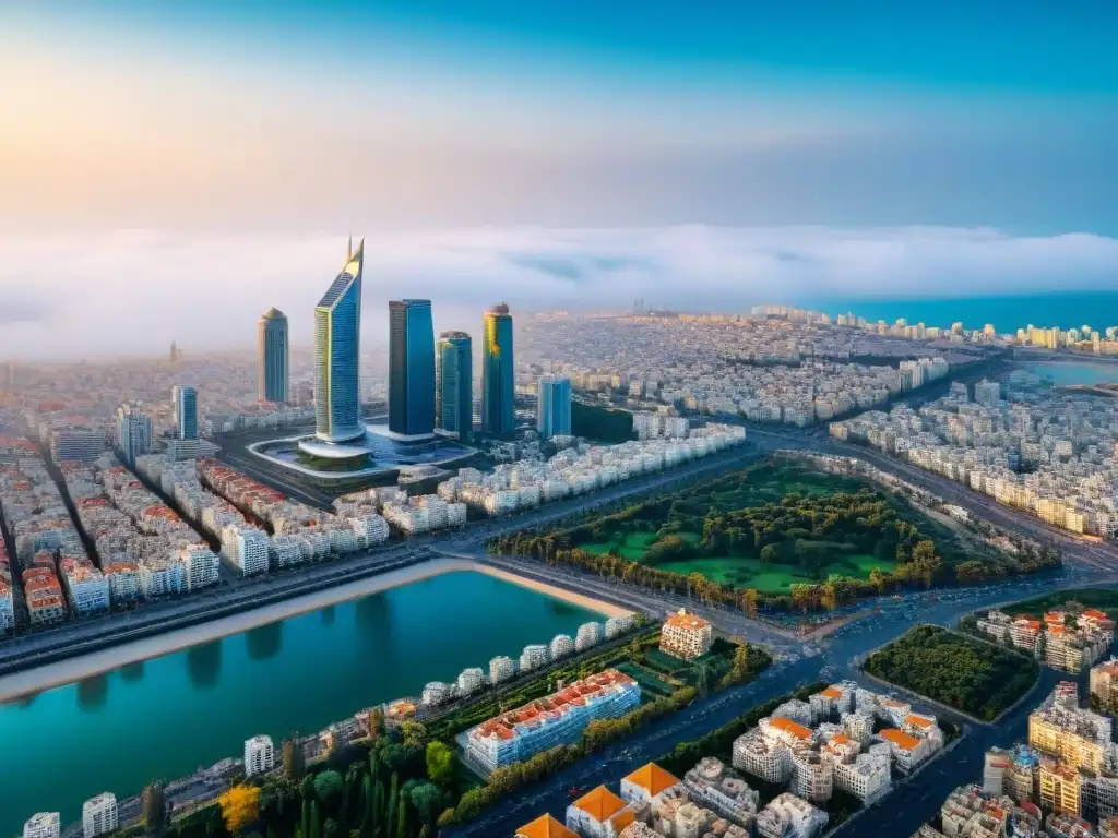 Transformación urbana: Skyline innovador de Tel Aviv Vista panorámica de Tel Aviv capital costera innovadora con arquitectura moderna y vida urbana vibrante