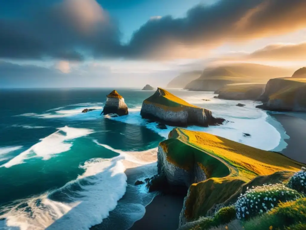 Paisaje costero: atardecer majestuoso y olas impactantes Vista panorámica de una costa agreste con olas, acantilados y un atardecer dramático, mientras gaviotas vuelan