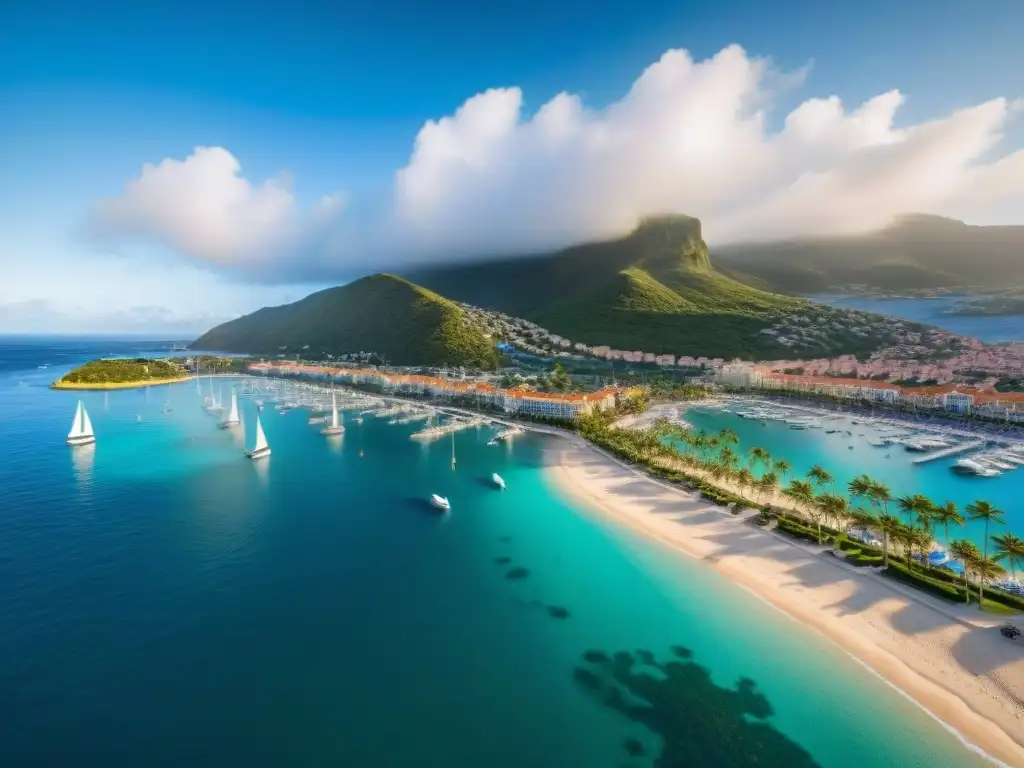 Marina de lujo y playa paradisíaca: inversión costera Vista panorámica de una costa diversa con marina, playa y paseo marítimo