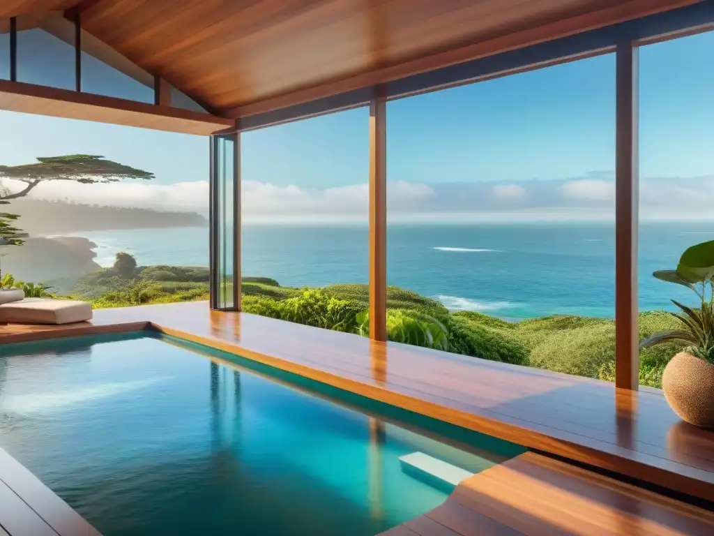 Vista panorámica: Casa ecoamigable con luz natural y diseño sostenible Vista panorámica de casa ecológica en la costa con iluminación natural y diseño sostenible