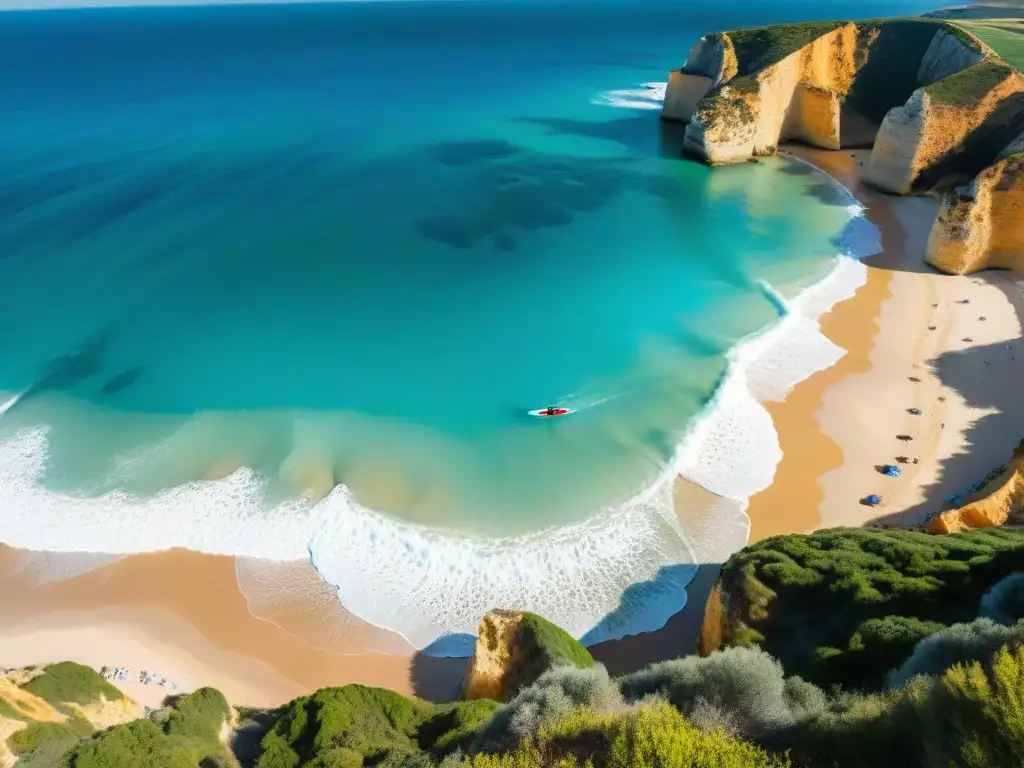 Costa de Algarve: Surfistas en paraíso Vista panorámica de la costa de Algarve, Portugal, con surfistas en acción