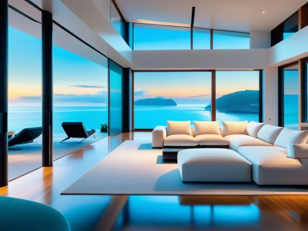 Residencia inteligente junto al mar: lujo tecnológico y confort costero Vista panorámica de moderna casa inteligente en la costa con domótica en viviendas costeras