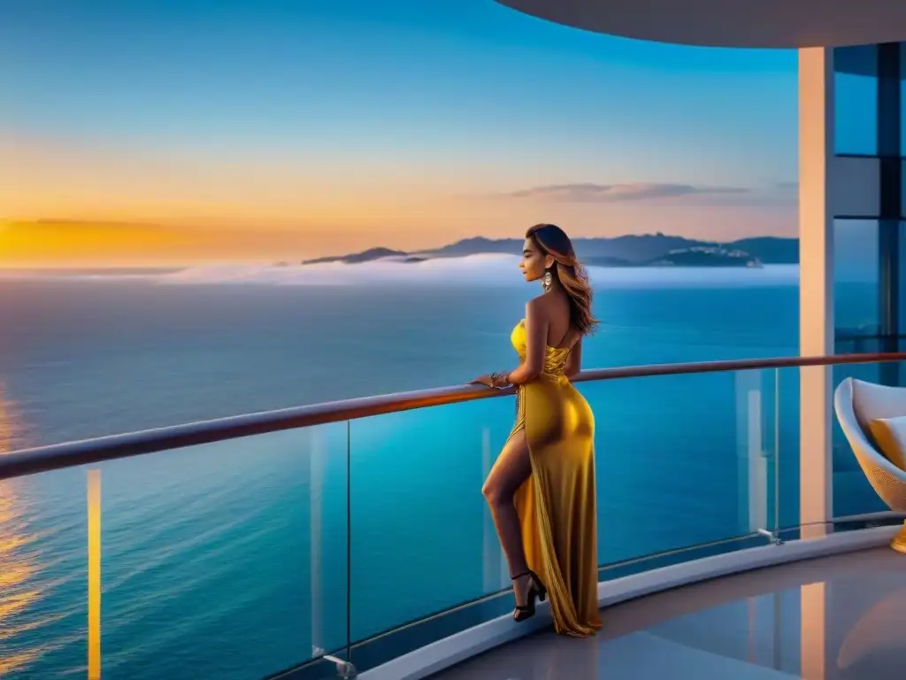 Puesta de sol desde lujoso ático con vista al mar Vista panorámica desde penthouse de lujo al atardecer con brillo marino