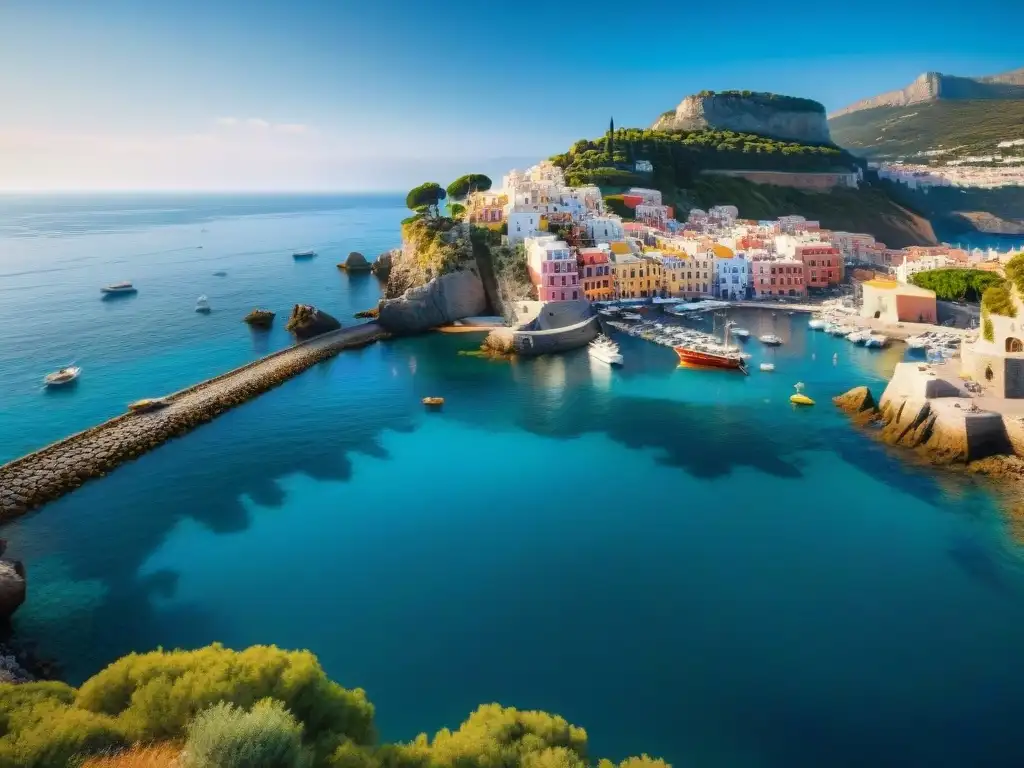 Encanto mediterráneo: Marina pintoresca y acantilados en el mar Vista panorámica de un pintoresco pueblo costero mediterráneo con barcos pesqueros coloridos en el puerto