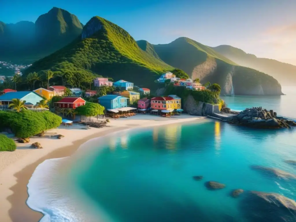 Vida costera vibrante: mercado, playa y casas coloridas Vista panorámica de un pintoresco pueblo costero con casas coloridas, un mercado bullicioso y una playa tranquila