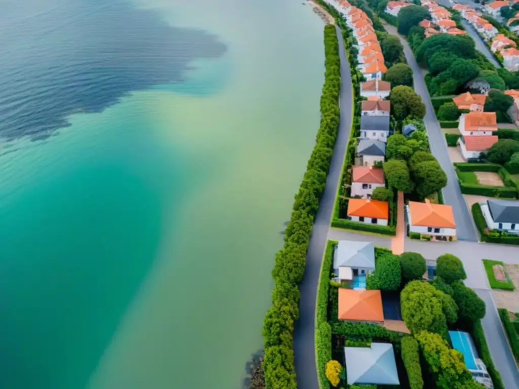 Costa protegida con tecnología avanzada y drones de vigilancia Vista panorámica de un pueblo costero protegido por tecnología avanzada contra desastres naturales, con drones vigilando