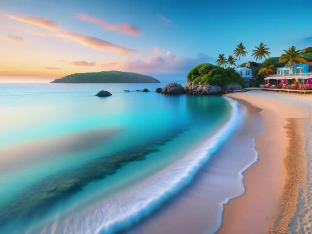 Paraíso costero al atardecer: playa cristalina y palmeras Vista panorámica de un pueblo costero al atardecer con aguas turquesas cristalinas, sombrillas coloridas y propiedades elegantes en la costa