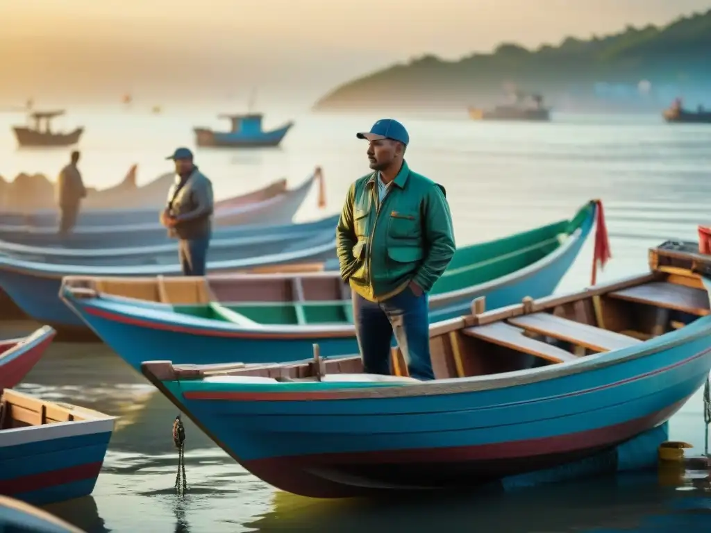 Pescadores locales descargando sus barcos en un mercado de pescado al amanecer Vista de pescadores locales descargando barcas de madera en un mercado pesquero costero al amanecer, resaltando la Importancia de la pesca artesanal