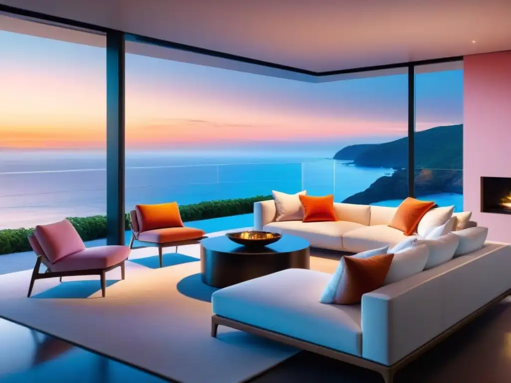 Propiedad de lujo en la costa al atardecer con tecnología inteligente Vista de propiedad costera de lujo con domótica al atardecer, integrando tecnología en diseño moderno