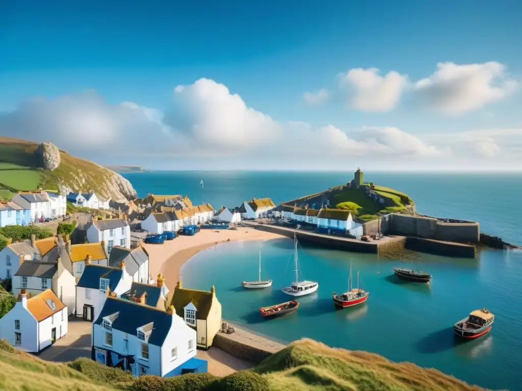 Oportunidades costeras postBrexit: puerto activo y propiedad en venta Vista de un pueblo costero en el Reino Unido, con un bullicioso puerto y una propiedad en venta, reflejando el efecto Brexit en propiedades costeras