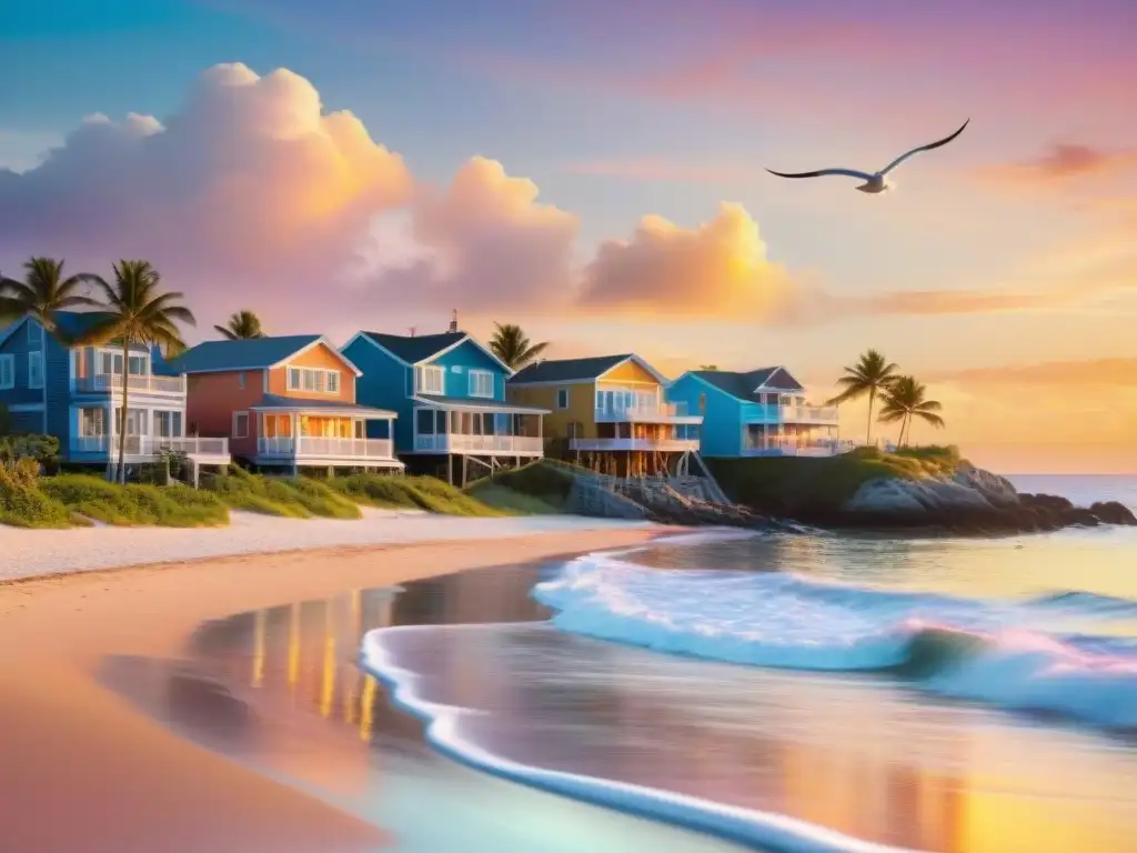 Playas de ensueño al atardecer: alquileres de lujo en la costa Vista serena de alquiler turismo costero en playa al atardecer: cálida luz dorada reflejada en el mar, palmeras y gaviotas