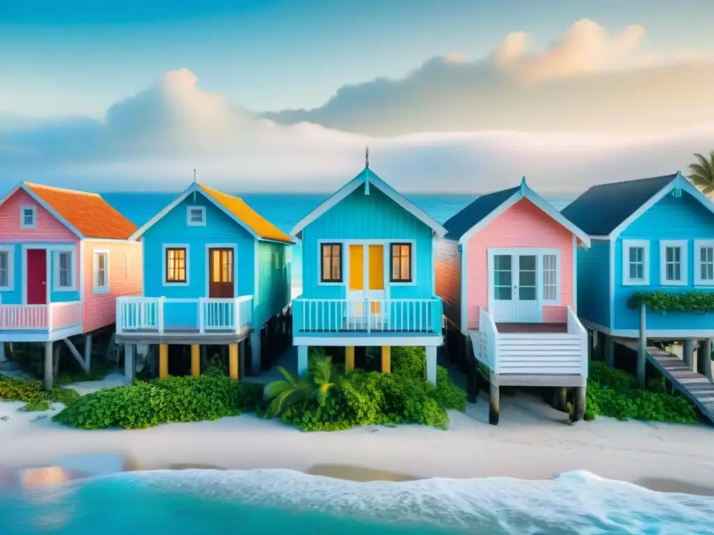 Bungalows costeros: Belleza serena y encanto en pastel Vista serena de casas bungalow en un pueblo costero, con fachadas pastel y palmeras, reflejando la vida costera