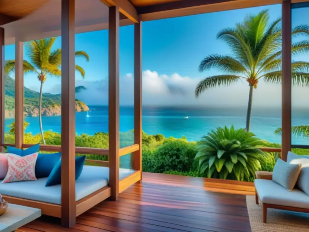 Retiro costero privado con playa cristalina y jardín exuberante Vista serena desde hogar costero privado con playa, aguas cristalinas y privacidad natural