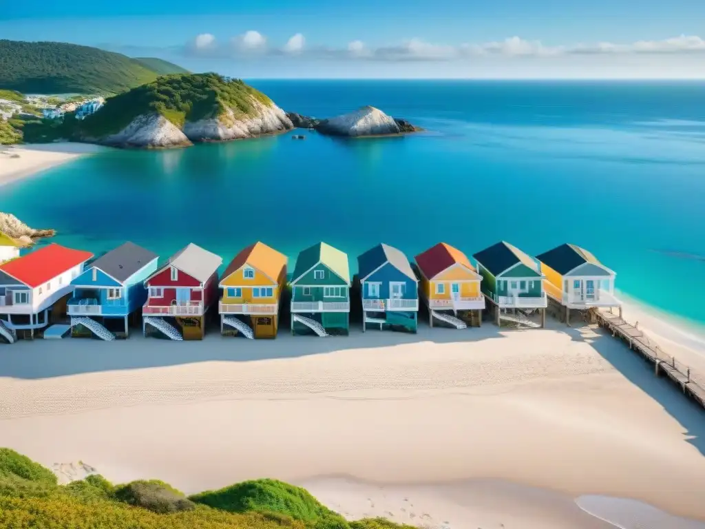 Paraíso costero: alquiler vacacional en pueblo pintoresco Vista serena de un pueblo costero con casas coloridas en la orilla, playa de arena y cielo azul
