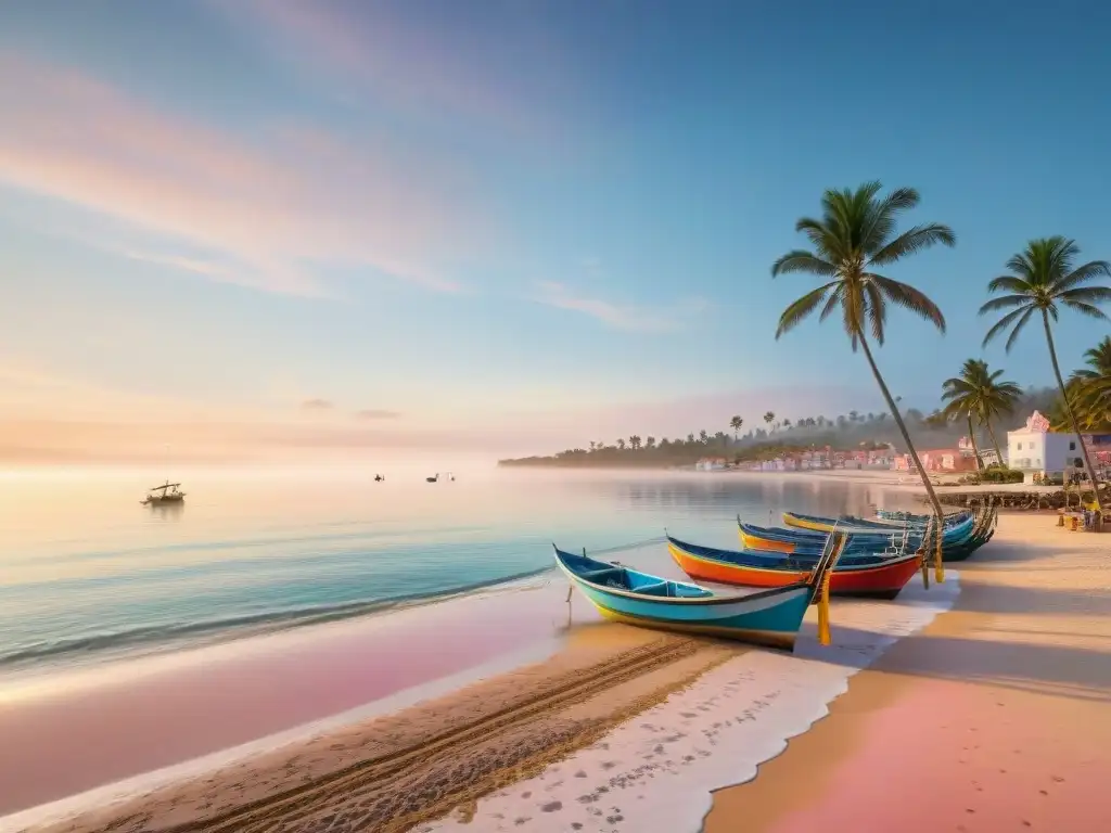 Pintoresco pueblo costero al amanecer: barcos, palmeras y pescadores Vista serena de pueblo costero al amanecer con barcos pesqueros y palmeras en la playa