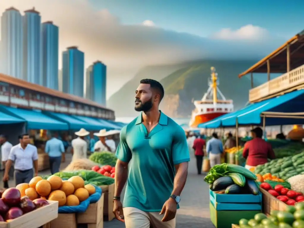 Vista urbana de mercados emergentes REITs costeros, con rascacielos y vendedores locales en un mercado callejero vibrante