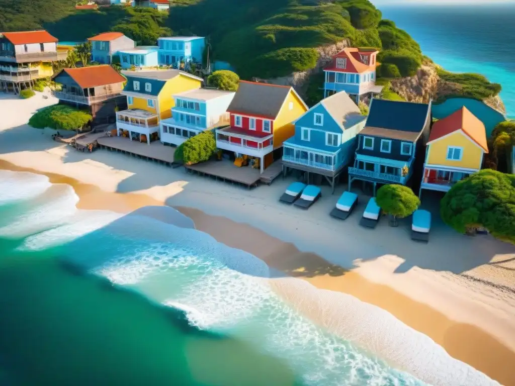 Turismo costero: alquileres vacacionales y economía en auge Vista aérea vibrante de un pueblo costero con alquileres turísticos coloridos, turistas en la playa y actividad en las tiendas