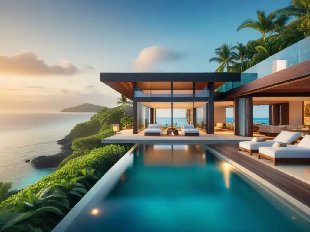Propiedad costera de lujo: diseño moderno con vista al mar Vista virtual de lujo de propiedad costera con diseño moderno y piscina infinita privada, rodeada de vegetación tropical