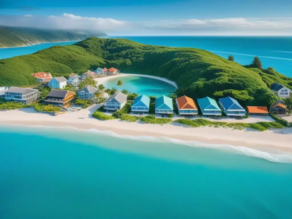 Vida costera: relax, bienestar y naturaleza en un paraíso junto al mar Vistas aéreas de una ciudad costera serena, con casas coloridas frente al mar y diseño para el bienestar